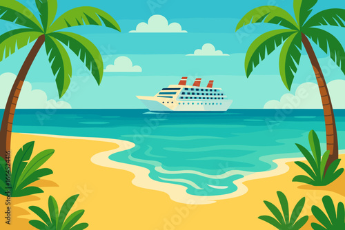 Paradise sandy beach with palm trees and cruise ship. Tropical island vacation concept. Ocean liner journey on the sea. Summer holiday travel landscape. Flat vector cartoon illustration.