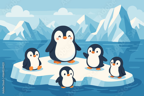 Cute penguin family on iceberg. Cartoon arctic animal characters in winter ocean landscape. Cold nature background with glaciers. Wildlife vector illustration for children's poster.