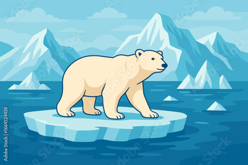 Polar bear on a melting ice floe. Concept for climate change and global warming. Arctic wildlife animal in nature with icebergs and glaciers. Vector cartoon illustration.