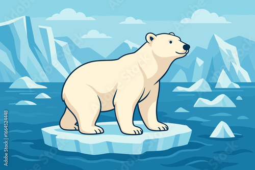 Polar bear on a melting ice floe. Global warming concept with cute character in arctic landscape. Vector illustration of wildlife conservation and climate change in north pole.
