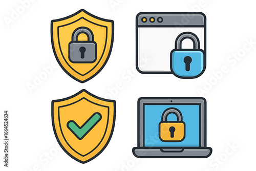 Cyber security icon set. Online data protection and privacy concepts. Vector illustrations of shield, padlock, secure browser and laptop. Safety, antivirus and firewall symbols.