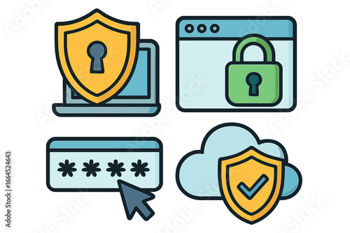 Cybersecurity icons set. Data protection and online privacy concept. Internet security symbols. Vector illustration of antivirus, password login, ssl certificate and cloud safety.
