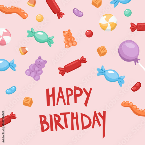 Happy Birthday post card design with sweet lollipops. Festive square postcard with lettering and candies, lollypops.