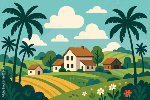 Rural landscape with houses on green hills and meadows. Idyllic countryside village with palm trees and fields. Summer nature scenic background. Vector flat illustration concept.