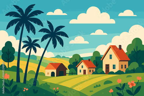 Idyllic summer rural landscape with palm trees. Tropical countryside scenery with houses, fields, meadows, and flowers. Village life concept. Flat vector cartoon illustration.