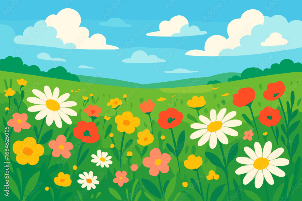 Fototapeta premium Vibrant spring flower field landscape with blooming daisies and poppies. Scenic summer meadow with green grass and blue sky with clouds. Cartoon vector nature background illustration.