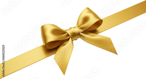 Pristine golden satin ribbon tied in a perfect, shiny bow, horizontally extending, off-center on a brilliant white studio background with soft lighting, concept of luxury and celebration