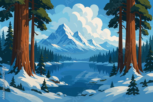 Winter mountain landscape with sequoia trees and frozen lake. Serene snow scenery with pine forest and reflection. Vector illustration background for travel or nature concepts.