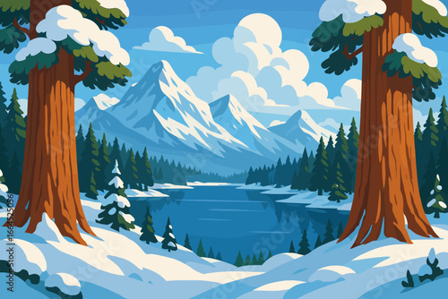Winter landscape with sequoia trees. Mountain lake scenery. Concept for national park, nature, travel, outdoors, snow, forest, wilderness, vector background, illustration.