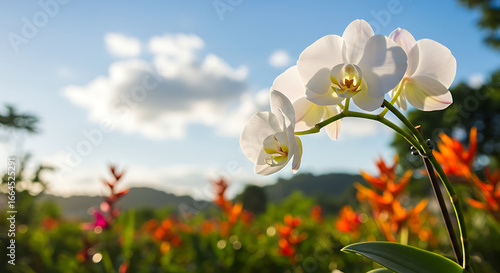 White Orchid Blooming, Sunny Garden Background