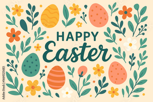 Happy Easter vector illustration. Festive holiday background with colorful decorated eggs, flowers, and leaves. Spring celebration greeting card design with floral frame.