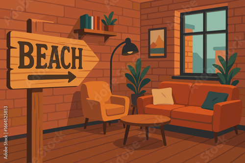 Beach sign in a cozy vintage living room. Vector interior illustration with brick wall, sofa, and armchair. Concept of wanderlust, travel, and dreaming of a holiday at home.