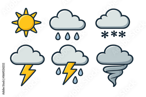 Weather forecast icon set vector. Cartoon symbol collection with sun, cloud, rain, snow, storm, lightning, thunder, and tornado. Meteorology climate graphics illustration.