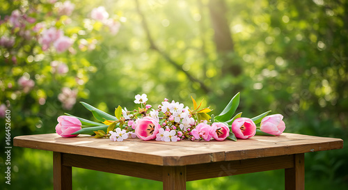 Spring Flowers and Tulips on Wooden Table in Garden