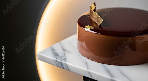Elegant gourmet chocolate mousse cake with a shiny mirror glaze on a marble surface.