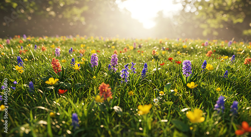 Sunlit Wildflower Meadow, Spring Blooms, Lush Grassland