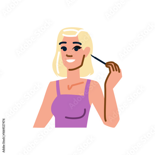Smiling blonde woman applying eyeliner, makeup routine illustration