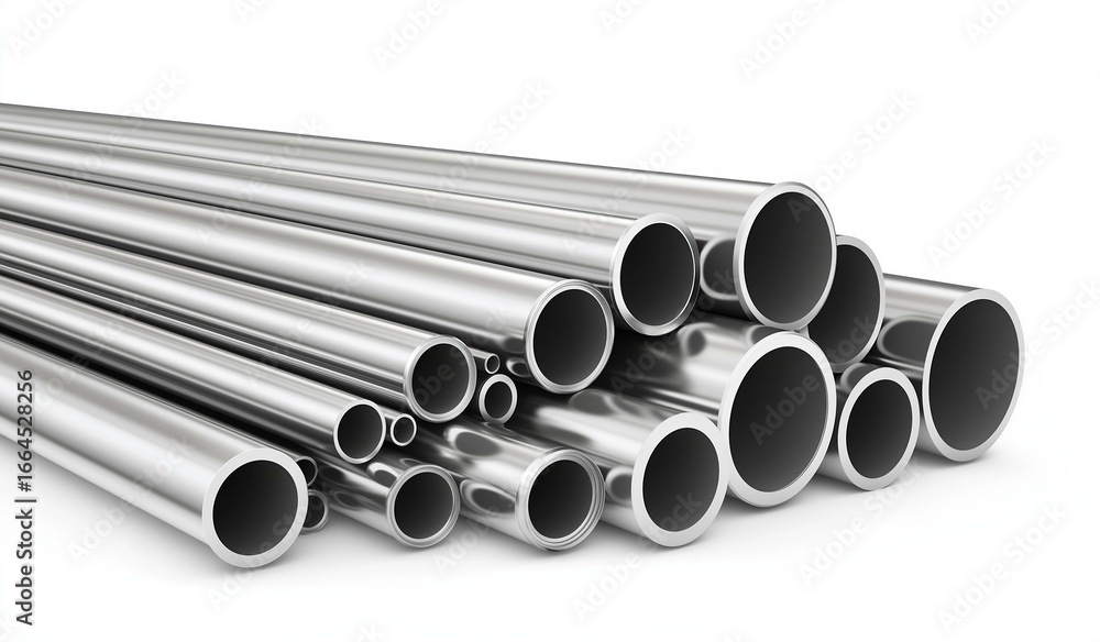 Fototapeta premium Stack of stainless steel pipes neatly arranged on a clean white background showcasing industrial metal texture and cylindrical forms for construction and manufacturing concepts