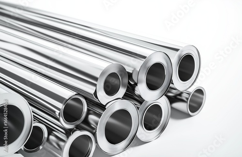 Stack of stainless steel pipes neatly arranged on a clean white background showcasing industrial metal texture and cylindrical forms for construction and manufacturing concepts