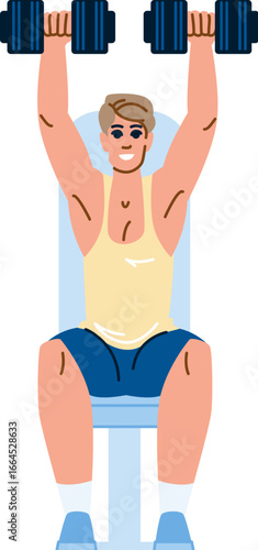 Determined bodybuilder lifting weights while sitting on bench press