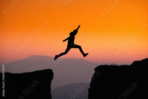 Wallpaper Mural Silhouette of a person jumping across a gap between cliffs during a vibrant sunset Torontodigital.ca