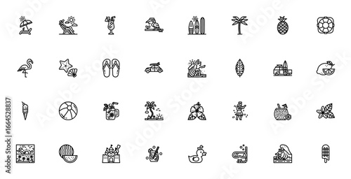 Summer party icon set. Vector illustration. Includes beach chair, cocktail, surfboard, palm tree, pineapple, lifesaver, flamingo, starfish, sandal, surfer, ice cream, watermelon and more.
