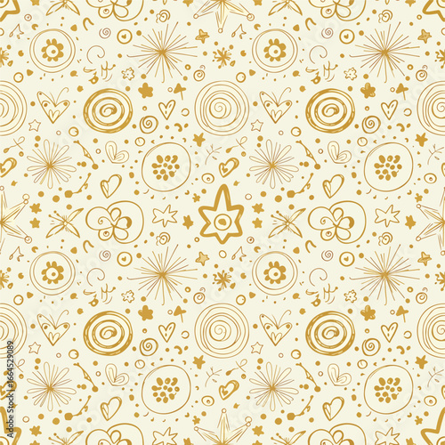Seamless Pattern, Seamless pattern with hand drawn stars hearts and circles in gold color Stock royalty free image.