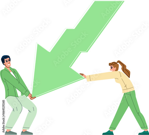 Businesspeople supporting falling green arrow indicating market downturn