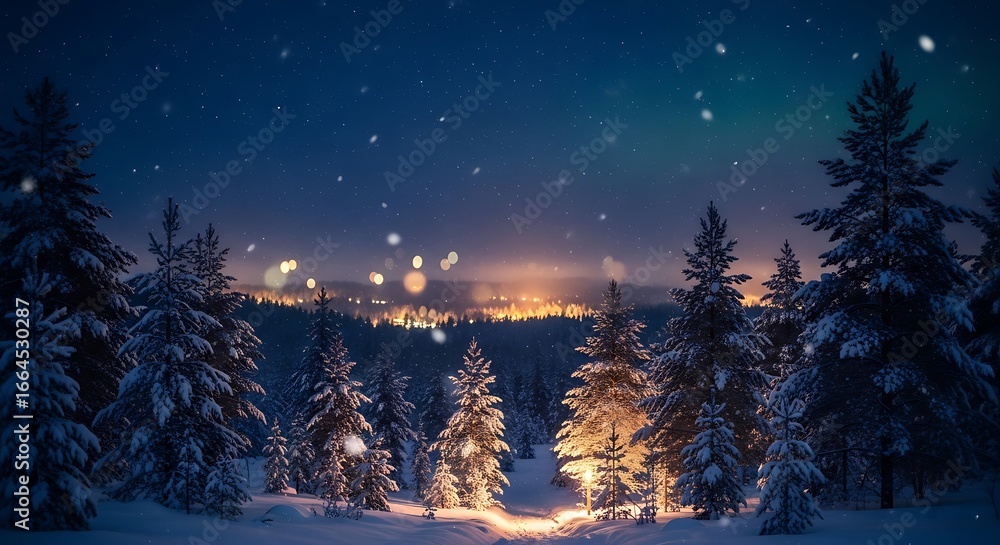 Fototapeta premium A serene winter night unfolds as snow gently falls upon a tranquil forest, where the soft glow of distant lights adds a touch of warmth to the otherwise cold and magical landscape