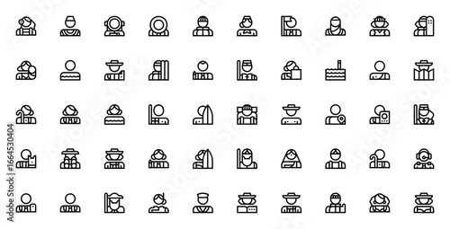 Travel people icon set. Vector illustration of diverse travelers including Hawaiian, Islamic, Astronaut, Eskimo, Tourist, Surfer, Pilot, and more. Minimal line icons for tourism and exploration.