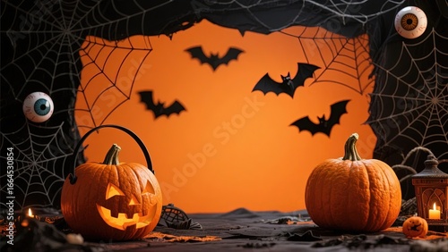 Halloween Scene with Pumpkins, Bats, and Spiderwebs Against an Orange Background