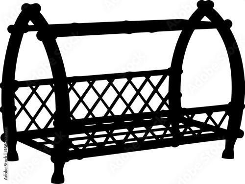 A traditional, low bamboo daybed, represented in black-and-white silhouette. Thick rounded frame supports with a woven net surface, angled in three-quarter perspective, vector-style graphic.