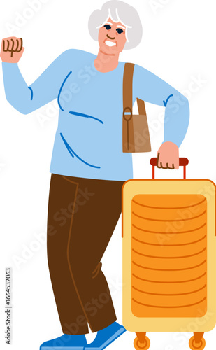 Happy senior woman tourist leaving for vacation with rolling suitcase