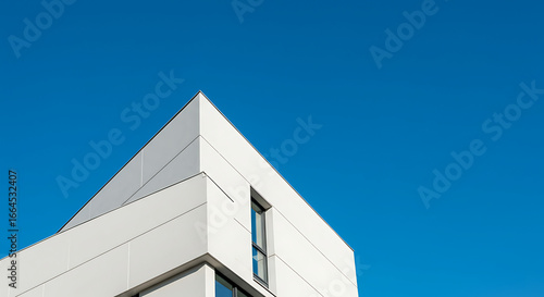 Modern White Building Corner, Blue Sky Background