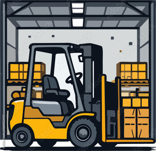 Flat Vector Illustration of Yellow Forklift Inside Warehouse with Cargo Boxes – Logistics, Industrial Equipment, Supply Chain Concept