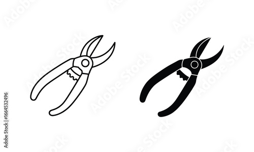 WebIllustration of pruning shears, a gardening tool used for cutting branches and plants, depicted in both outline and solid black styles, showcasing its design and function