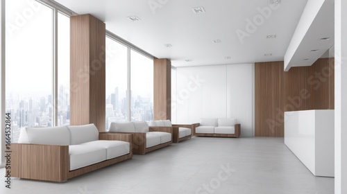 Minimalist office reception with clean white walls and modern furniture, bathed in soft natural light.