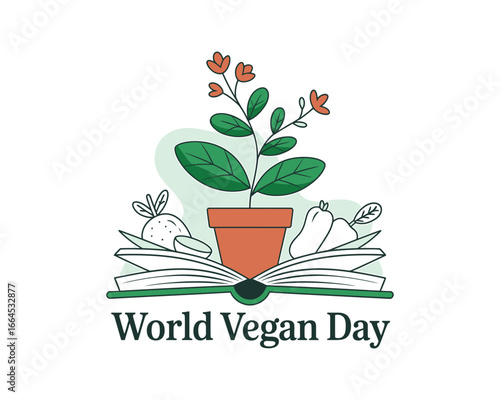 Plant growing from open book with fruits and vegetables