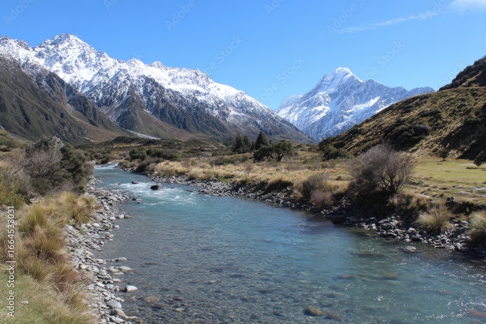 Obraz premium Mountain river flows through valley