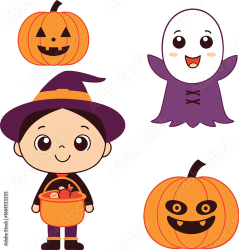 Cute Halloween cartoon set featuring child dressed as witch pumpkins and ghost on white background