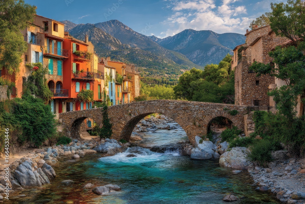 © Muhammad - Colorful mountain village by a turquoise river, stone bridge