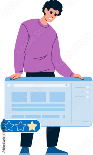 Programmer holding website window with two star rating, expressing disappointment
