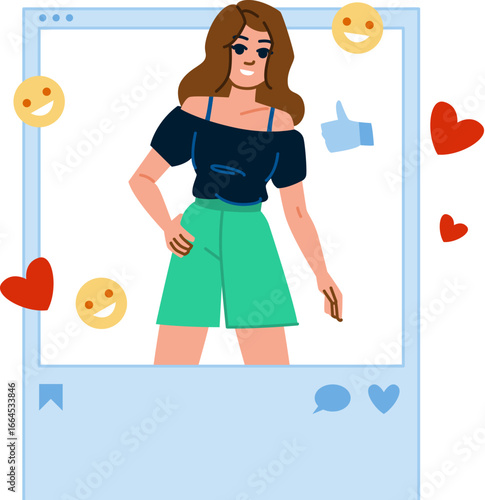 Influencer posing for social media photo surrounded by hearts and likes