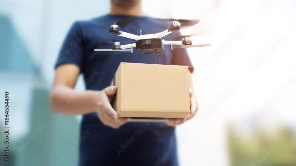 Fototapeta premium A person holds a cardboard box while a small drone hovers above it. The image illustrates modern delivery methods. This style captures innovation and technology in logistics. AI