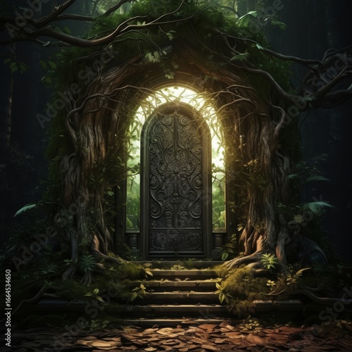 Mysterious ancient arched door with intricate carvings in a magical forest