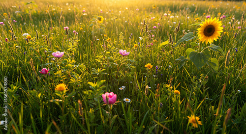 Golden Hour Wildflower Meadow, Sunlit Flowers, Summer Bloom
