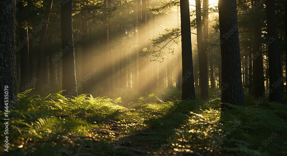 Naklejka premium Golden Hour Forest: Rays of Dawn