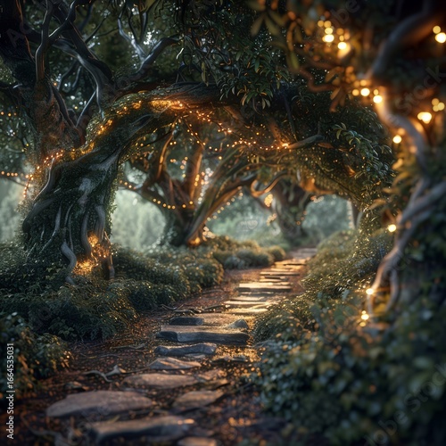 Stone path winding through a magical forest tunnel created by arching trees