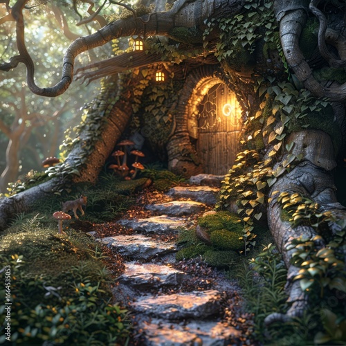 Stone path leading to a magical fairytale house built into a mossy tree trunk