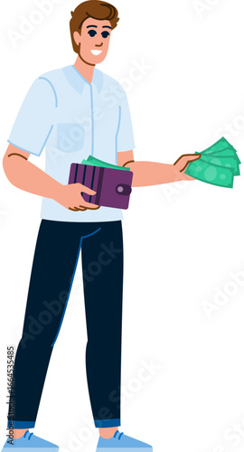 Smiling man holding wallet and showing money bills